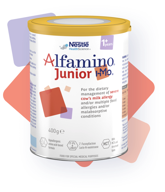 A can of Alfamino Junior HMO formula for children over 1 year old with food allergies, developed by Nestlé Health Science.
